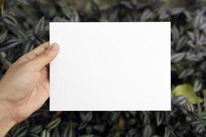 Hand, die leere Grußpapierkarte auf grünem Blatt für Mockupschablonendesignhochzeitskarte hält. foto