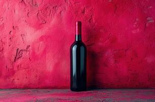 ai generiert rot Wein Flasche, isoliert auf ein Rosa Muster eben foto