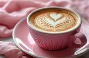 ai generiert das Kaffee ist ein Rosa Tasse gekrönt mit Herzen und wirbelt foto