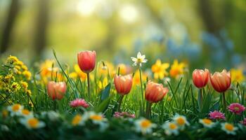 ai generiert Tulpen, Glockenblumen, Narzissen, Gänseblümchen, Gras und Grün Blätter rahmenlos Landschaft Hintergrund foto