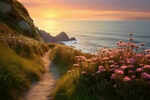 ai generiert Frühling Abend Licht auf das Küsten Pfad und Meer Rosa foto