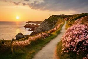 ai generiert Frühling Abend Licht auf das Küsten Pfad und Meer Rosa foto