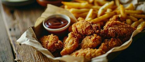 ai generiert Hähnchen klassisch Nuggets Ausschreibungen Mahlzeit im Container Box ,ohne Knochen Flügel oder Hähnchen Brust Stücke foto