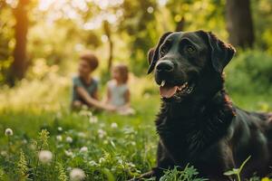 ai generiert ein Hund und draussen Natur mit Familie foto