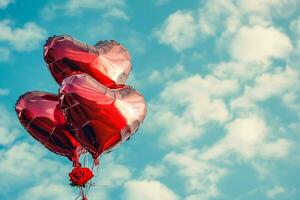 ai generiert rot Herz geformt vereiteln Luft Luftballons schwebend auf Blau wolkig Himmel, Valentinstag Tag Feier foto