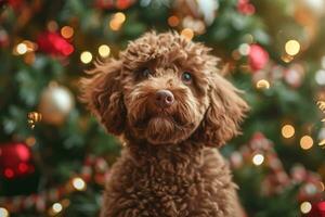 ai generiert schließen oben Porträt von ein jung braun Labradoodle Hund ist stolz Sitzung im Vorderseite ein dekoriert Weihnachten Baum foto