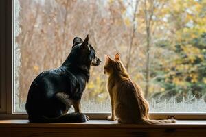 ai generiert Hund und Katze wie Beste Freunde, suchen aus das Fenster zusammen foto