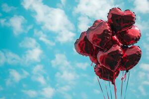 ai generiert rot Herz geformt vereiteln Luft Luftballons schwebend auf Blau wolkig Himmel, Valentinstag Tag Feier foto