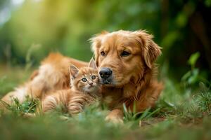 ai generiert glücklich wenig Orange havanese Hündchen Hund und Katze sind Sitzung im das Gras foto