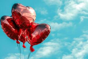 ai generiert rot Herz geformt vereiteln Luft Luftballons schwebend auf Blau wolkig Himmel, Valentinstag Tag Feier foto