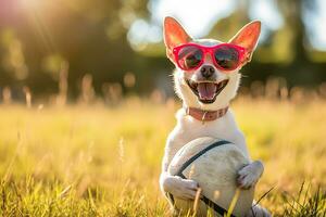 ai generiert Fußball Chihuahua Hund spielen mit Ball und Lachen aus laut mit rot Sonnenbrille draußen foto
