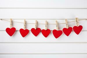 ai generiert rot Herzen hängen auf hölzern Kleider Heringe auf Weiß Farbe Hintergrund, glücklich Valentinstag Tag Konzept foto