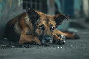 ai generiert streunend obdachlos Straße Hund foto