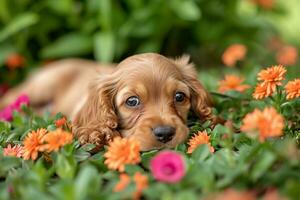 ai generiert amerikanisch Cocker Spaniel Hündchen sehr süß Augen mit Blumen foto