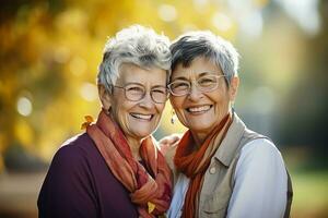 ai generiert zwei glücklich Senior Bürger Frauen, Tag Licht verschwommen Hintergrund foto