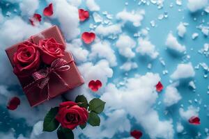 ai generiert rot Geschenke mit Rose Blumen auf Himmel Blau Wolken, glücklich Valentinstag Tag Konzept foto