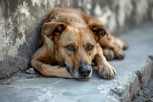 ai generiert streunend obdachlos Straße Hund foto