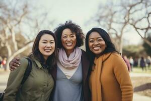 ai generiert glücklich Latein Frauen Lachen und umarmen jeder andere draussen im das Stadt foto