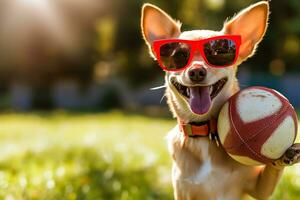 ai generiert Fußball Chihuahua Hund spielen mit Ball und Lachen aus laut mit rot Sonnenbrille draußen foto