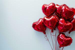 ai generiert rot Herz geformt vereiteln Luft Luftballons schwebend auf Weiß Hintergrund, Valentinstag Tag Feier foto