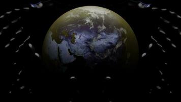schwarz Hintergrund mit rotierend Planet und Muster. Design. um es ist Achse ist ein rotierend Planet Erde gemacht im 3d Format und reflektieren im anders Schattierungen. foto