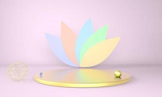 Produktpräsentationspodium verziert mit Blättern auf pastellfarbenem Hintergrund, 3D-Darstellung foto
