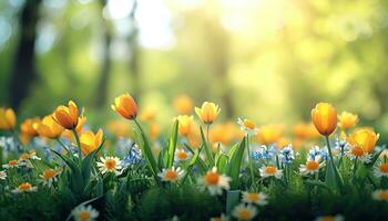 ai generiert Tulpen, Glockenblumen, Narzissen, Gänseblümchen, Gras und Grün Blätter rahmenlos Landschaft Hintergrund foto