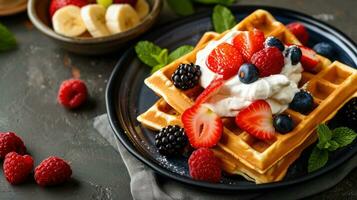 ai generiert Belgier Waffel Anzeigen mit köstlich Obst und Sahne foto