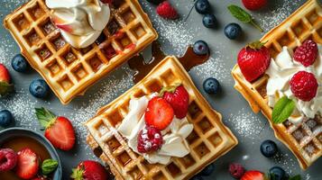 ai generiert Belgier Waffel Anzeigen mit köstlich Obst und Sahne foto