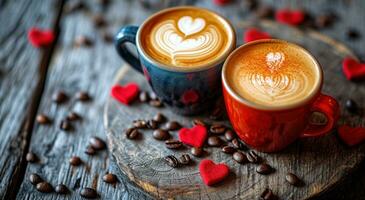 ai generiert zwei Kaffee Getränke auf oben von ein hölzern Tabelle mit Valentinstag Herzen foto