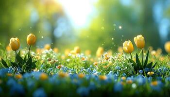 ai generiert Tulpen, Glockenblumen, Narzissen, Gänseblümchen, Gras und Grün Blätter rahmenlos Landschaft Hintergrund foto