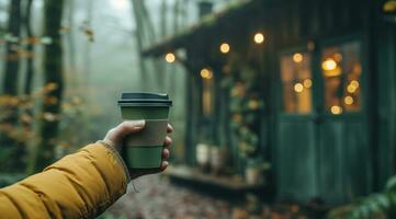 ai generiert oben schließen Schuss von ein Person halten ein Grün Kaffee Tasse im Vorderseite von ein Grün Haus foto