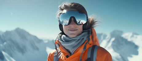 ai generiert ein Frau lächelnd auf ein Berg Steigung mit Ski Brille auf foto