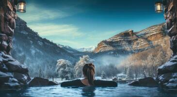 ai generiert ein Frau genießen das Winter im ein heiß Wanne foto