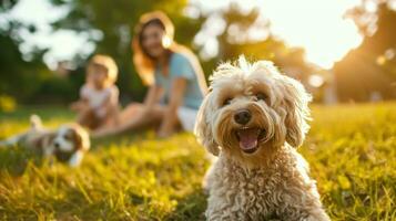 ai generiert schön Werbung Foto von glücklich schön Familie spielen mit Hund im Garten mit Kopieren Raum