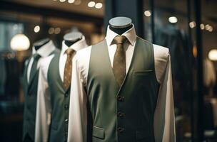 ai generiert ein Bild von Herren Anzüge im ein Boutique Mode Geschäft mit ein Weste und Krawatte foto