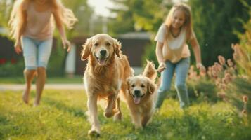 ai generiert schön Werbung Foto von glücklich schön Familie spielen mit Hund im Garten mit Kopieren Raum