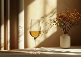 ai generiert Weiß Wein und Flöte auf Tabelle mit Emulsion Hintergrund foto