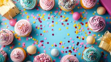 ai generiert beschwingt Konfetti wirbelt um ein Tabelle einstellen mit Cupcakes foto