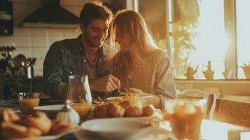 ai generiert elegant schön Paar machen Frühstück zusammen foto