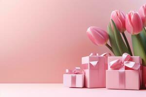 ai generiert Geschenk Kisten mit Rosa Band gebunden um Rosa Tulpen auf ein Rosa Oberfläche foto