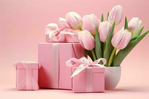 ai generiert Geschenk Kisten mit Rosa Band gebunden um Rosa Tulpen auf ein Rosa Oberfläche foto