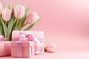 ai generiert Geschenk Kisten mit Rosa Band gebunden um Rosa Tulpen auf ein Rosa Oberfläche foto