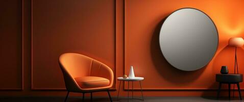 ai generiert Orange Stuhl im Vorderseite von Oval Spiegel im klein Leben Zimmer foto