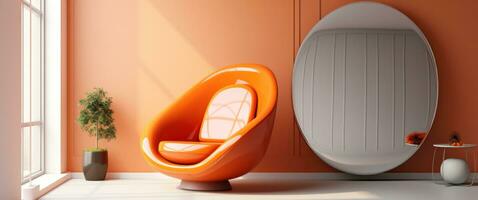 ai generiert Orange Stuhl im Vorderseite von Oval Spiegel im klein Leben Zimmer foto