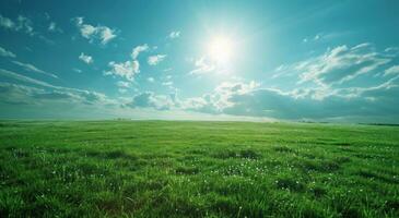 ai generiert das Sonne ist leuchtenden auf ein Grün Feld foto