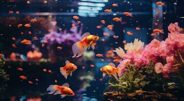 ai generiert ein Aquarium voll von Goldfisch schwimmen über das Wasser foto