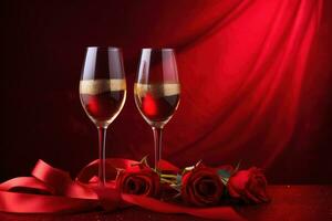 ai generiert zwei Brille von Wein und ein Rose Über Wein rot Licht foto