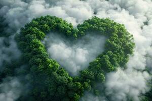 ai generiert generativ ai, Grün Wald mit Herz Form, schön Landschaft mit Weiß Wolken, Umgebung Liebe Planet Konzept foto