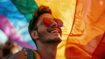 ai generiert generativ ai, Fröhlich Mann lächelnd mit Regenbogen Flagge, lgbt Menschen Gehen im das Straße während das Schwulenstolz Stolz foto